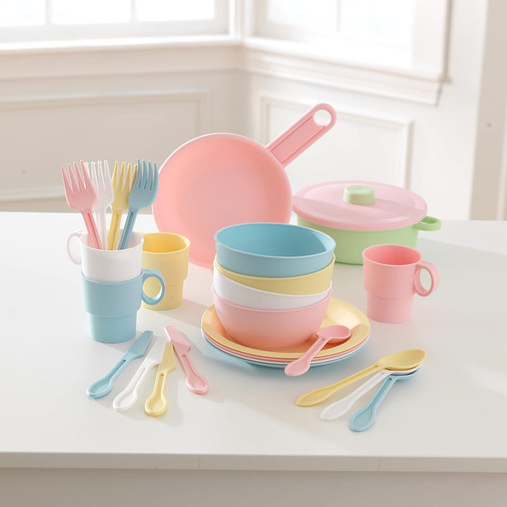 27-Piece Pastel Cookware Set, Plastic Dishes and Utensils for Play Kitchens, Gift for Ages 18 Mo+