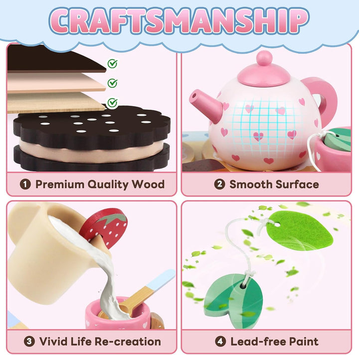 Wooden Tea Set for Little Girls Birthday Gift 2-4 Year Old Princess Toys Play Food Sets for Kids Kitchen Accessories Toddlers 3-5 Outdoor Party 1-3 Pretend Food Dessert Cookies Wood Toy