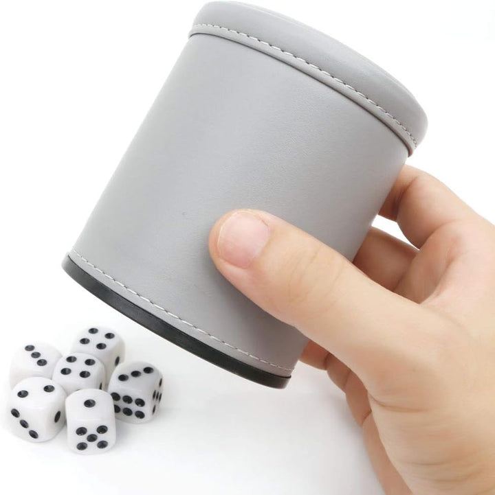 Dice Felt Lined PU Leather Dice Cup with 6 Dice, Felt Lined Interior Quiet Shaker for Yahtzee Game (Gray)
