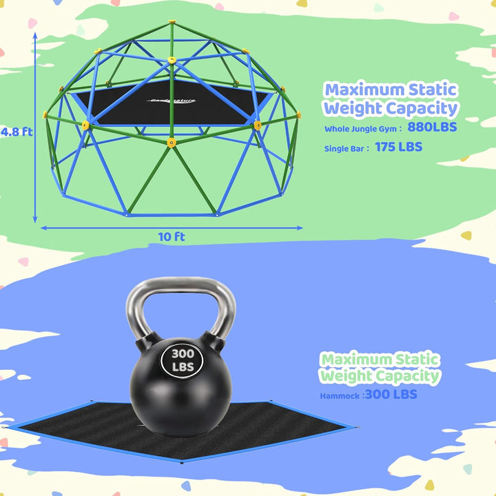 10FT Climbing Dome with Hammock, Outdoor Jungle Gym for Kids, Geometric Dome Climber Supporting 880 Lbs Anti-Rust Metal Outdoor Play Structure ASTM Approved Blue & Green