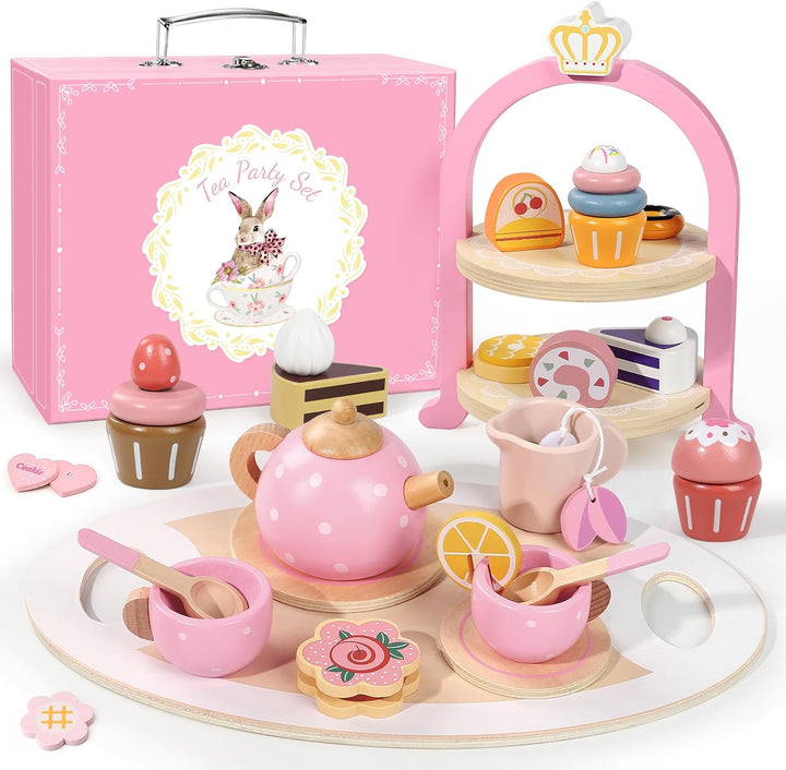 Tea Party Set for Little Girls, 49PCS Princess Tea Time Toys Including Tea Set Dessert Carrying Case, Kids Kitchen Pretend Playset, Tea Set for Girls Birthday Toddler Age 3-8, Pink