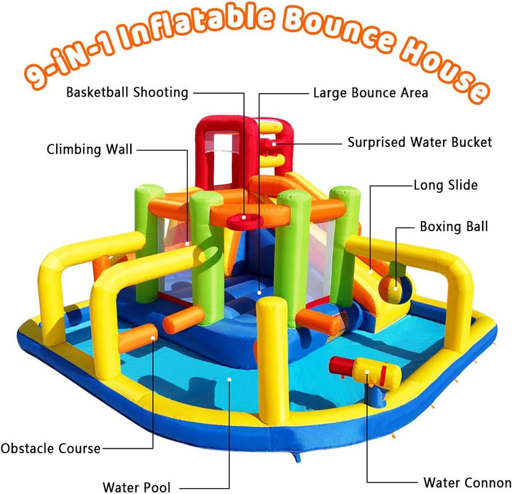 Inflatable Obstacle Bounce House, Kids Bounce House Water Park with Water Slides, Surprise Dump Bucket, Obstacles,Jumping, Tunnels, Climbing,Water Cannon, and Ball Shooting Frame