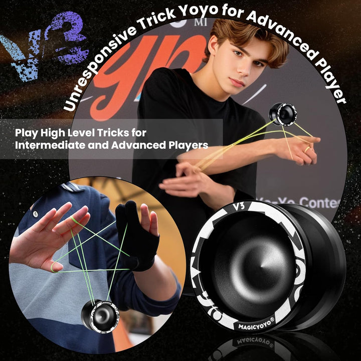 V3 Yoyo for Kids 8-12 or Above, Responsive Yoyo Professional with Dual Function, Professional Trick Yo Yo for Adults with 12 Yo-Yo Strings, KK Bearing, Bearing Puller, Axle,Case Bag -Black