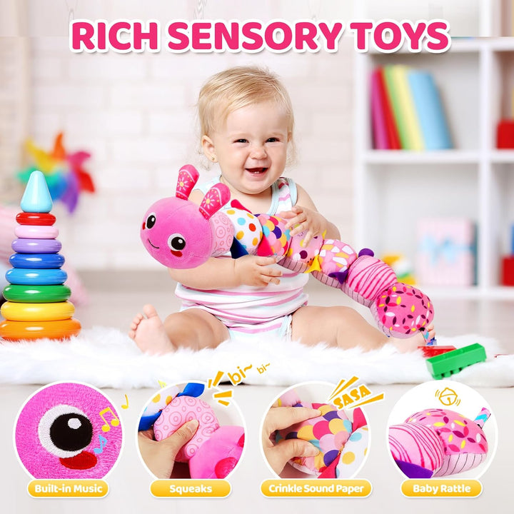 Baby Toys 0-6 6-12 Months, Sensory Music Animal Stuffed Toy for 0 1 2 3 4 5 6+ Months, Plush Toy with Crinkle and Rattles for Infant Newborn, Tummy Time Toys Gifts for 0-3-6-12 Month