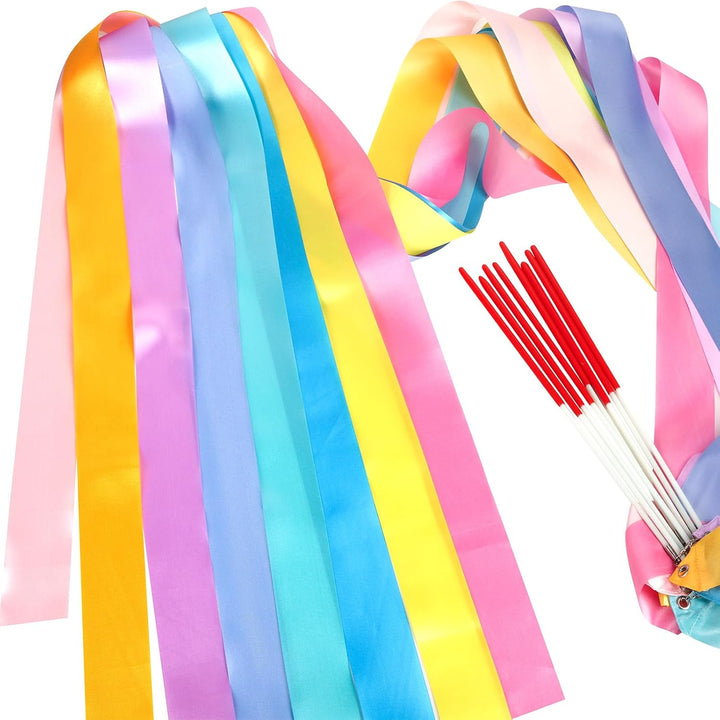 12PCS Rainbow Dance Wands Ribbon Streamers for Kids Gymnastics Rhythmic Dancing Twirling Sticks Silks Wands for Girls Circus Carnival Birthday Party Favors Rewards Gift