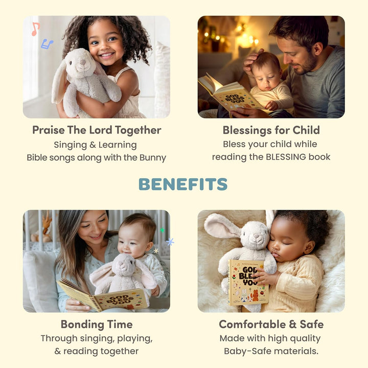 Praise Bunny Christian Baby Gift Set – 11” Musical Plush with 3 Bible Songs, Blessing Book, Keepsake Box & Stickers – Perfect Baptism, Christening Gift for Boys & Girls