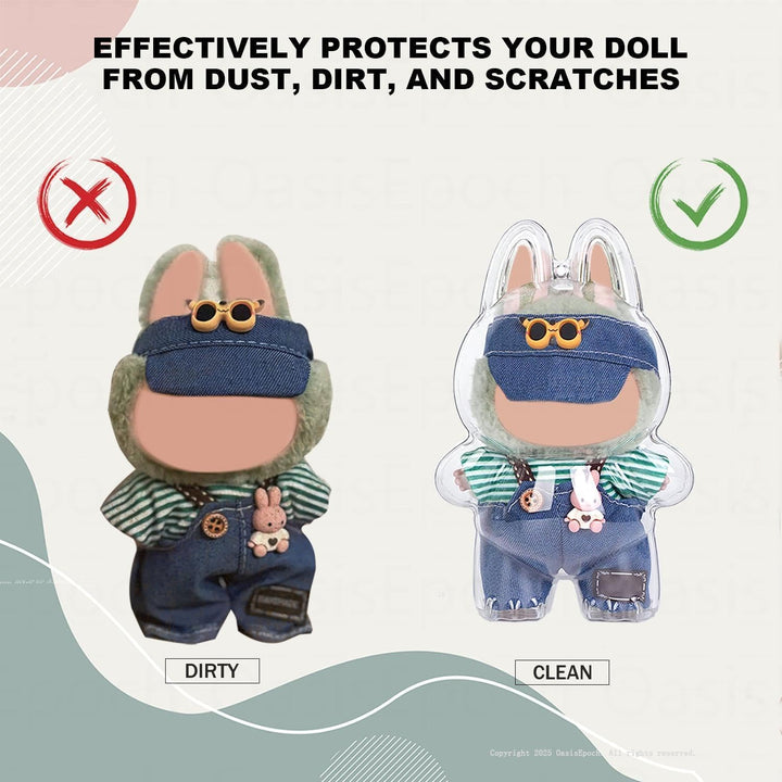 Protective Case Compatible with LABUBU Doll - Crystal-Clear Hard Display Box with Keychain & Dustproof Cover, Secure Backpack Hooks for Shelf/Outdoor Showcase (Doll Not Included)（Standing）