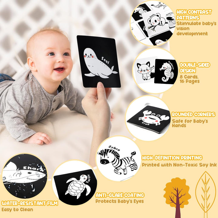 Tummy Time Mirror Toys, High Contrast Black and White Baby Toys for Newborn, Baby Boy Girl Gifts, Visual Stimulation Learning Activity Cards, Soft Baby Book, Montessori Infant Toys 0-12 Months