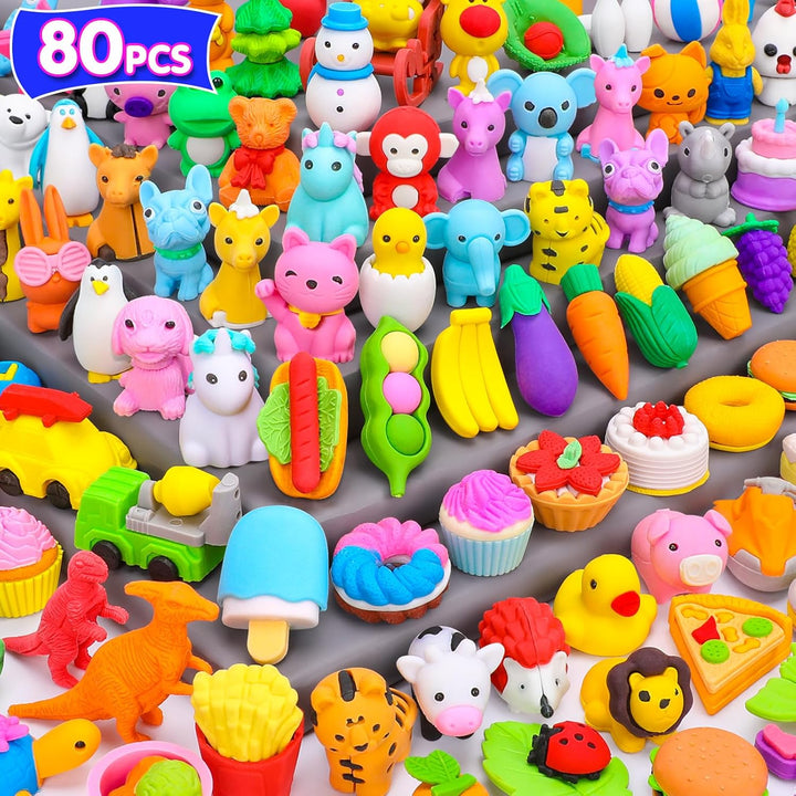 140PCS Mini Animal Erasers Bulk Kids Prizes Treasure Box Toys Classroom Rewards Teacher Must Haves Desk Pets Back to School Supplies Random Eraser Party Favors Kids Toys Gifts Pinata Stuffers