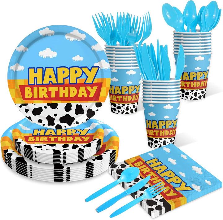 175Pcs Cartoon Birthday Party Supplies Cow Print Birthday Party Decorations Cartoon Plates and Napkins Tableware Set Blue Cloud Cow Print Party Supplies Kids 1St 2Nd 3Rd 4Th Party Decor