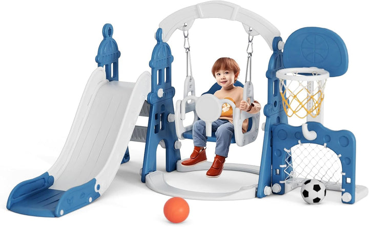 4-In-1 Kids Slide and Swing Set, Toddler Slide with Basketball Hoop, Swing, Outdoor Indoor Playground for Toddlers 1-3 (4 in 1-Pink)