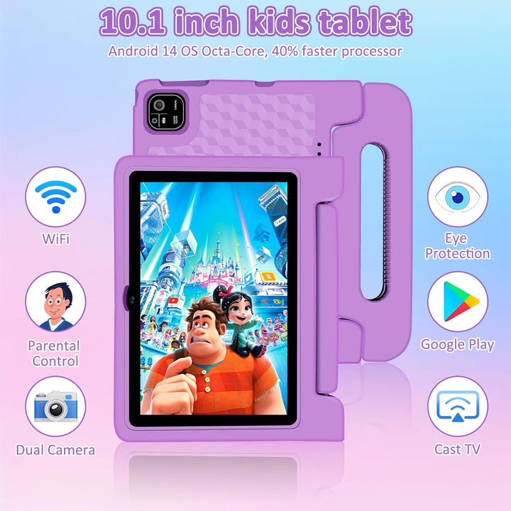 Tablet for Kids, 10.1 Inch IPS HD Touchscreen Android 14 64 GB Storage, 8GB RAM, Octa Core Kids Tablet, Parental Controls, 12-Hr Battery, Wifi, GPS - Purple