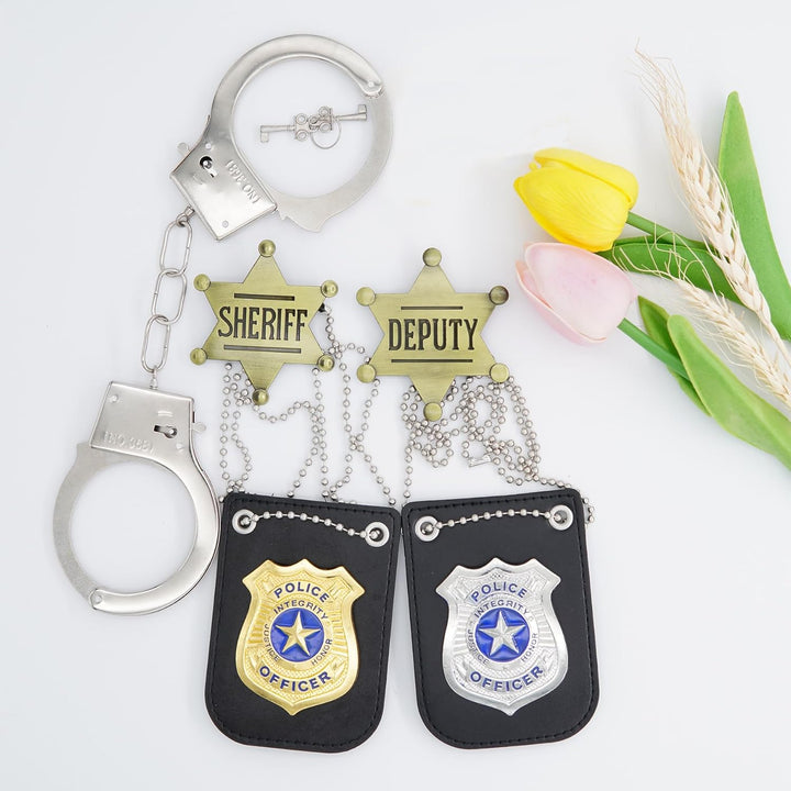 5Pcs Sheriff Deputy Badge,Police Badge, Metal Handcuffs with Keys for Police Pretend Play Party Accessories Set,Detective Role Play Accessory