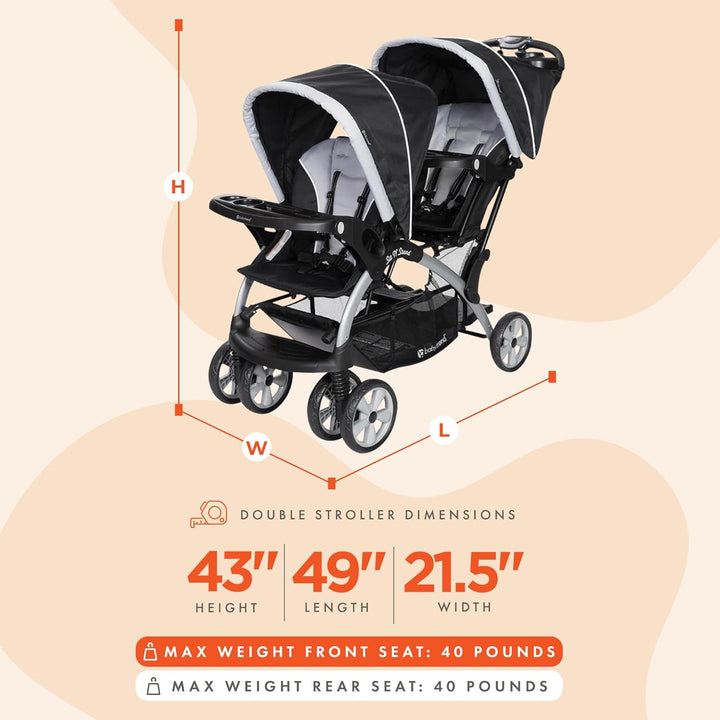 Double Infant and Toddler Stroller W/ Harness and Basket, Sit N' Stand, Stormy