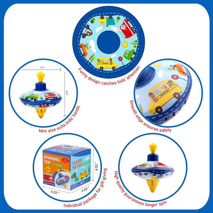Retro Spinning Top Tin Toy for Kids – Fun Vehicle Classic Toys - Toddler Traditional Spin Tops - Metal Fidget Spinner for Kindergarten – Sensory Gyroscope - Novelty Gifts Party Favors
