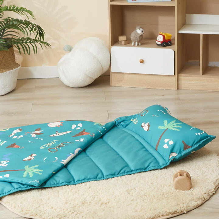 Toddler Nap Mat with Removable Pillow and Blanket, 52" X 20" Lightweight and Soft Nap Mat for Preschool, Daycare, Travel Sleeping Bags for Kids