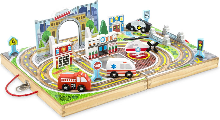 18-Piece Wooden Take-Along Tabletop Town, 4 Rescue Vehicles, Play Pieces, Bridge