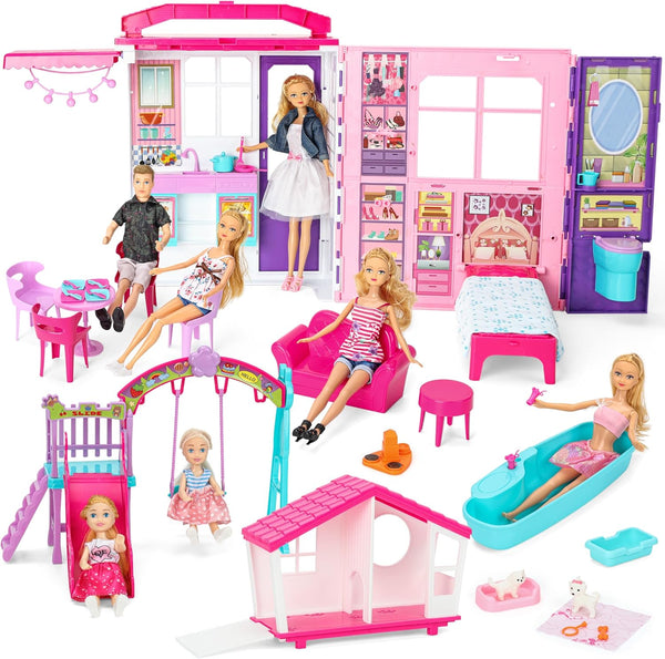 Doll House Portable & Foldable Dollhouse W/ 60+ Pcs & 2 Dolls, Play House Toy with Bedroom Bathroom Kitchen Furniture Playset, Playhouse Birthday Gift for Girl Kid Toddler