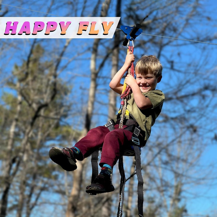 Zipline for Kids and Adult, Zip Line Kits for Backyard with Stainless Steel Spring Brake, Cable Tensioning Kit, Safety Harness, 2 Tree Protectors and Full Set of Zip Line Accessories