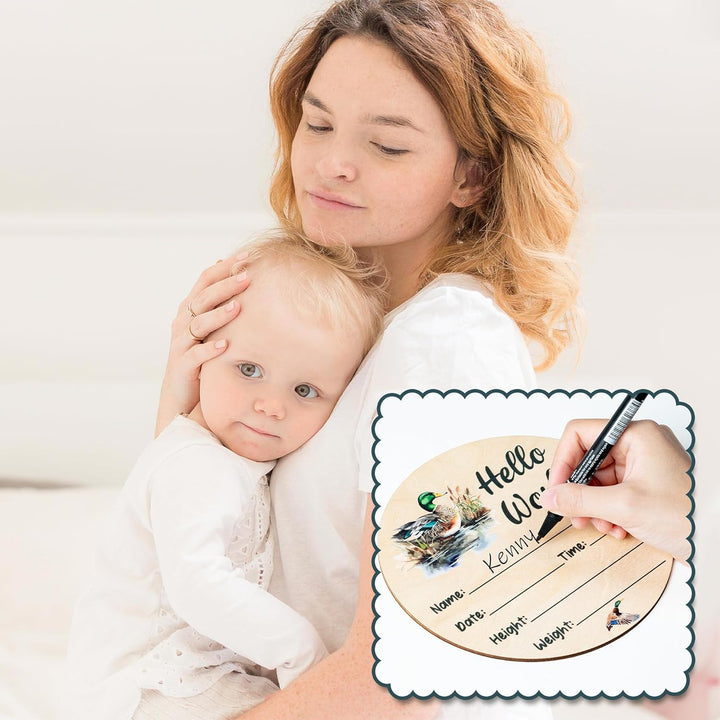 Baby Birth Announcement Sign with Marker Pen, Mallard Duck Baby Name Sign with Ink Pad for Hand and Footprints, Wooden Hello World Newborn Announcement Nursery Decor Keepsake Gifts