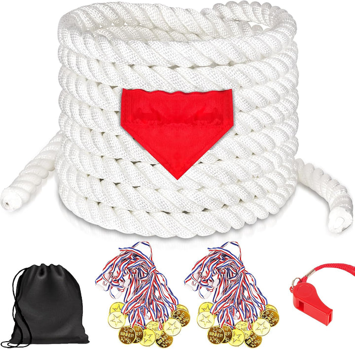 Tug of War Rope for Kids and Adults, Outdoor Lawn Yard Family Reunion Birthday Party Games, Tug of War Rope with Flag for Team Building Activities Field Day Game Carnival Games (White)