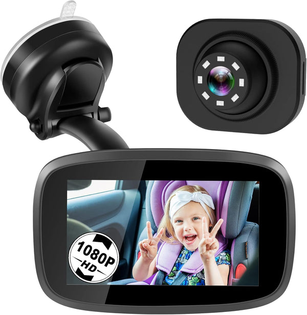 1080P Baby Car Mirror, 4.3" Baby Car Camera Monitor with 170° Wide View, HD Night Vision Function and Reusable Sucker Bracket, Safety Rear Facing Car Set Camera for Infants Kids Toddlers