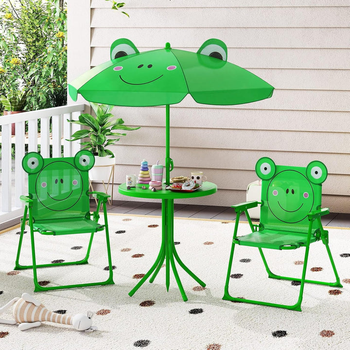 Kids Picnic Table, Kids Outdoor Table with 2 Folding Chairs, Height Adjustable Umbrella, Portable Children Outdoor Furniture for Patio, Garden, Backyard (Green)