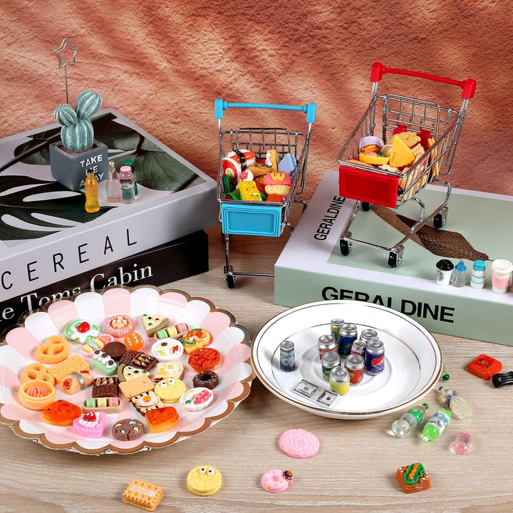 134Pcs Mini Shopping Cart Basket Miniature Food Drink Bottle Supermarket Metal Handcart Toys Doll House Store Cosplay Game Dollhouse Grocery Fruit Cake Bread Party Trolley Model Dollar Bills