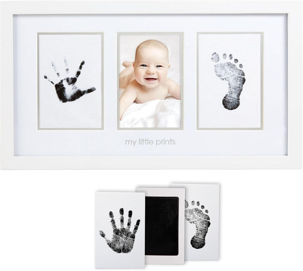 Baby Hand and Footprint Kit - Inkless No Mess Clean-Touch Ink Pad, Newborn Keepsake Frame, Nursery Decor Essentials, Perfect Shower Gift for Boys and Girls, White