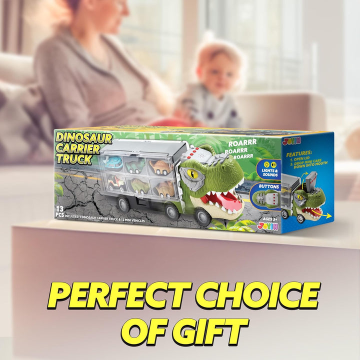 13 in 1 Dinosaur Toys for Kids 3-5, Dinosaur Truck with 12 Pull Back Cars, Small Cars Set, Birthday Gifts Toys for 3 4 5+ Year Old Boy, Transport Carrier Truck for Toddlers 3-4 Years