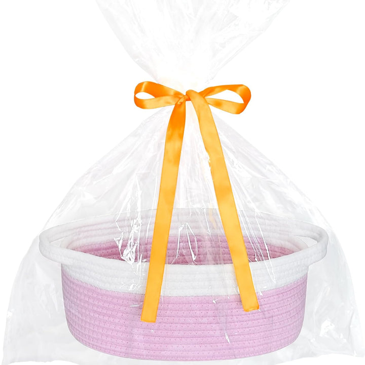 Small Basket with Gift Bags and Ribbons, Empty Gift Baskets, Decorative Boho Rope Woven Nursery Storage Organizer Toy Baskets with Handle for Baby Showers, 12"X 8" X 5"