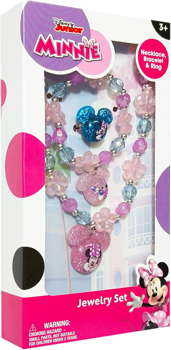 Disney Minnie Girls Jewelry Set - Dress up Toy Jewelry Box Sets with Bead Necklace, Bead Bracelet and Ring - Play Accessories - Ages 3+
