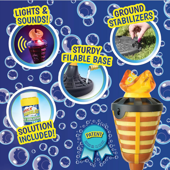 Tiki Torch Bubbler - Bubble Machine with Lights and Music, Bubble Blower and Wand, Rechargable Outdoor Toy for Kids Teens Adults, 4 Feet Tall, Includes 4Oz Bubble Solution
