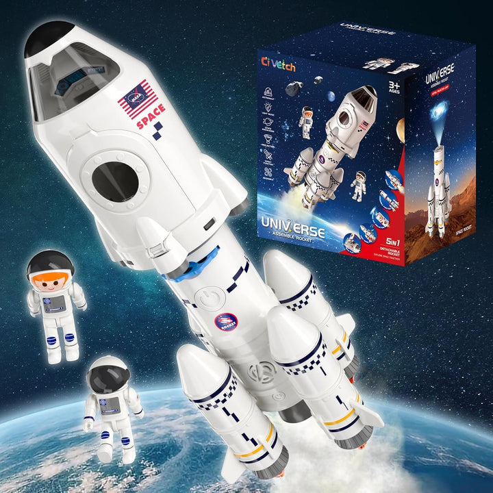 Rocket Launcher Space Shuttle Toys for Kids Boys Age 3 4 5 6 7 8 9 Years Old, 2-In-1 STEM Building Aerospace Toys with Rocket Launcher for Indoor Outdoor, Spaceship Toys Birthday Gift for Boys Girls