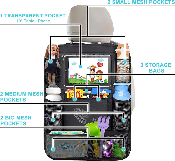 Car Organizer Back Seat with 9 Storage Pockets & 10″ Tablet Holder, 1Pack Seat Back Cover for Kids Toddlers, Kick Mats Protector, Keep Cars Vehicles Organized & Tidy, Travel Accessories