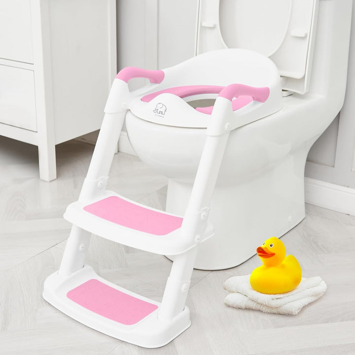 Potty Training Toilet Seat with Step Stool Ladder, Toddler Kids Potty Seat for Boys Girls, Non Slip Foldable Toilet Training Seat with Soft Cushion, Comfortable Handles (White-Grey)