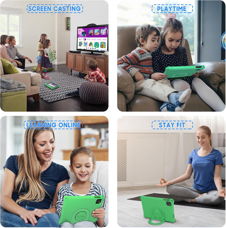 Kids Tablet, 10.1 Inch Android 15 Tablet for Kids, 12GB+64GB, Octa-Core, 6000Mah Battery, Wifi 6, Pre-Installed Kids Apps, Parental Control, with EVA Protective Case – Ideal Gift for Toddler (Green)