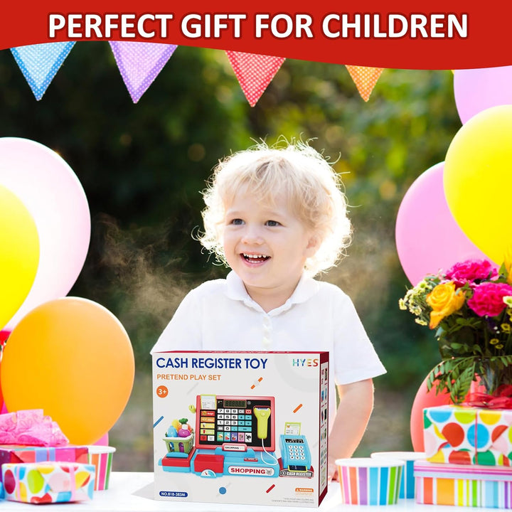 Kids Cash Register Toy Playset with Real Calculator, Toddler Pretend Play Store Incl Scanner/Credit Card/Play Money/Conveyor/Food Toys, Learning Toys Gifts for Boys Ages 4-8 8-12, Red