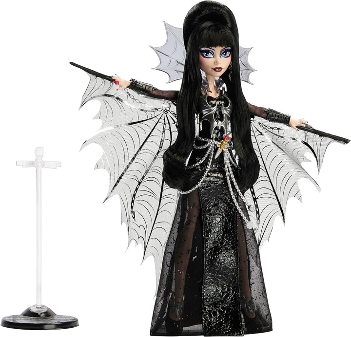 Doll, Elvira, Mistress of the Dark Collectible in Black Faux Leather Dress with Silvery Batwing Cape and Premium Accessories