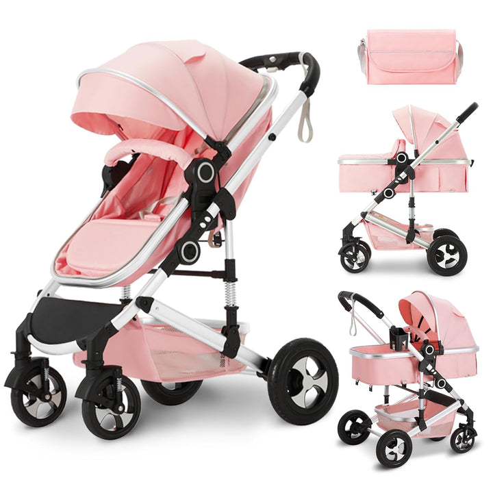 2 in 1 Convertible Baby Stroller, Folding High Landscape Infant Carriage, Newborn Reversible Pram, Diaper Bag, Anti-Shock Toddler Pushchair Stroller, Dark Grey