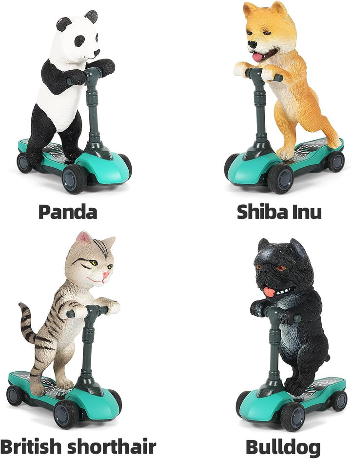 Dog and Cat Toy Scooter Pull Back Cars, 4-Pack Mini Animal Finger Kick Scooters with Panda, Kitten, Shiba Inu, and Bulldog Figures Toys for Boys and Girls Ages 3-6