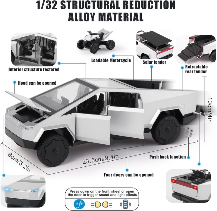 1/32 Alloy Car Trucks Toy Pickup Trailer RV Model Kit with Beach Motorcycle, Diecast Alloy Metal RV Car Model Toys with Sound Light and Pull Back Power,Christmas Birthday Gift for Boy Girl-Silver