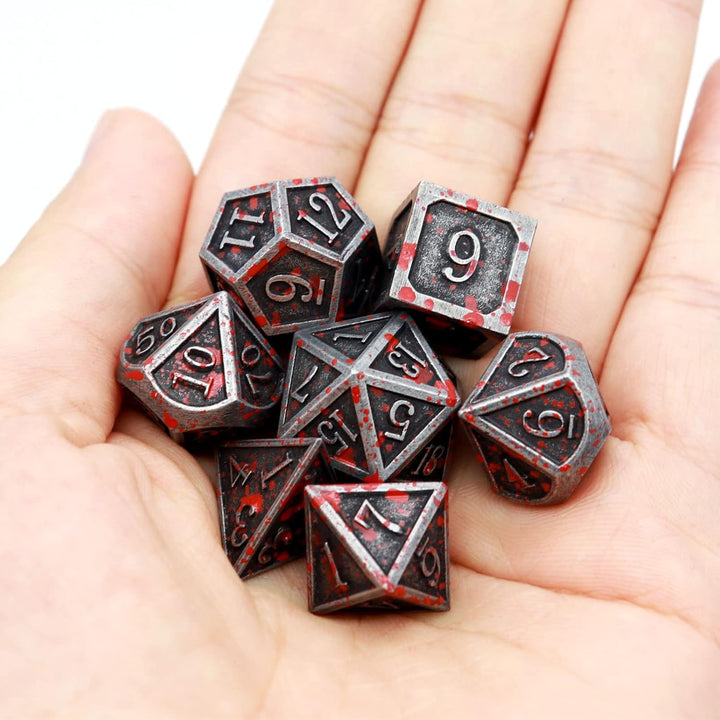 Bloodstained Metal DND Dice Set Blood Polyhedral D&D Dice Compatible with Dungeons and Dragons Gift TTRPG Antique Metal Halloween Dice