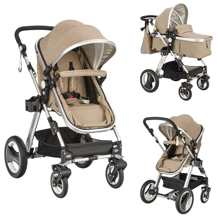 Baby Stroller, 2-In-1 Convertible Bassinet Reclining Stroller, Foldable Pram Carriage with 5-Point Harness, Including Cup Holder, Foot Cover, Diaper Bag, Aluminum Structure, Khaki