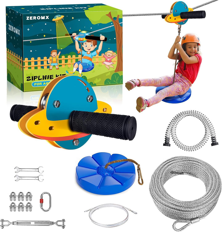Zip Line Kit for Kids and Adults Outdoor, UFO Trolley 75/100/120/150Ft Zipline for Backyard, up to 350 Lbs, Included Swing Seat, Ziplines Stainless Steel Brake and Safety Cable