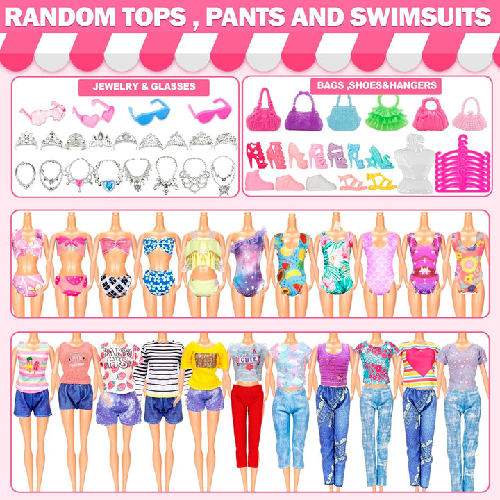 130 Pcs Doll Clothes and Accessories Kit, Including 4 Princess Gowns 8 Fashion Dresses 3 Tops 3 Pants 2 Bikini Swimsuits 20 Shoes 20 Accessories and Hangers for 11"-12" Dolls