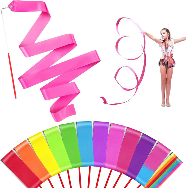 12PCS Rainbow Dance Wands Ribbon Streamers for Kids Gymnastics Rhythmic Dancing Twirling Sticks Silks Wands for Girls Circus Carnival Birthday Party Favors Rewards Gift
