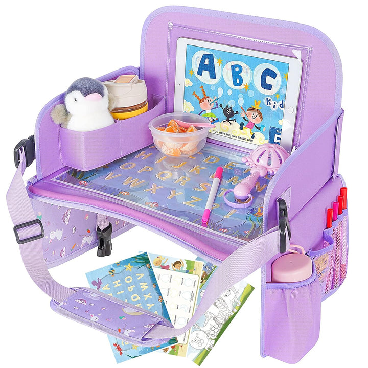 Kids Travel Tray for Toddler Car Seat, Lap Tray for Girl Activities with Dry Erase Board & Cooler Cup Holder, Road Trip Essentials Accessories with No-Drop Large Tablet Ipad Holder Stand,Pink