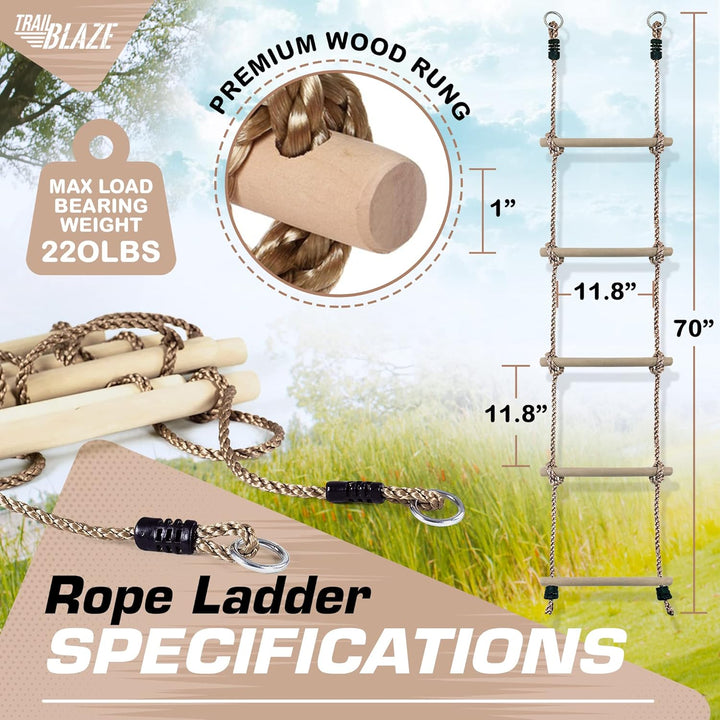 Wooden Rope Ladder for Kids - Playset Ladder for Ninja Warrior Obstacle Course Accessories | Treehouse Swing Set Bunk Bed | Playground Ninja Obstacles