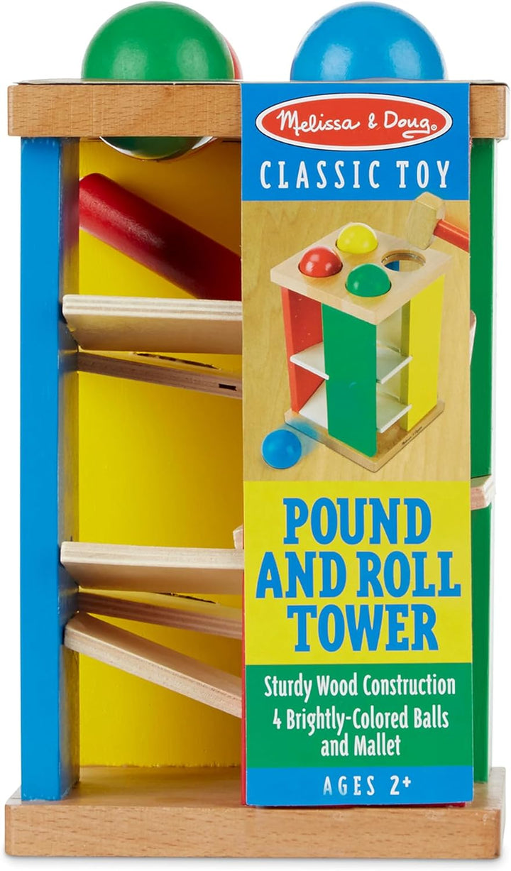 Deluxe Pound and Roll Wooden Tower Toy with Hammer, White